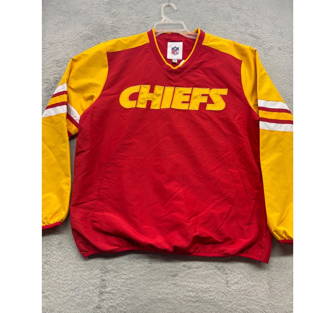 NFL Kansas City Chiefs Mens‎ Red Yellow V-Neck Windbreaker Pullover Jacket Large